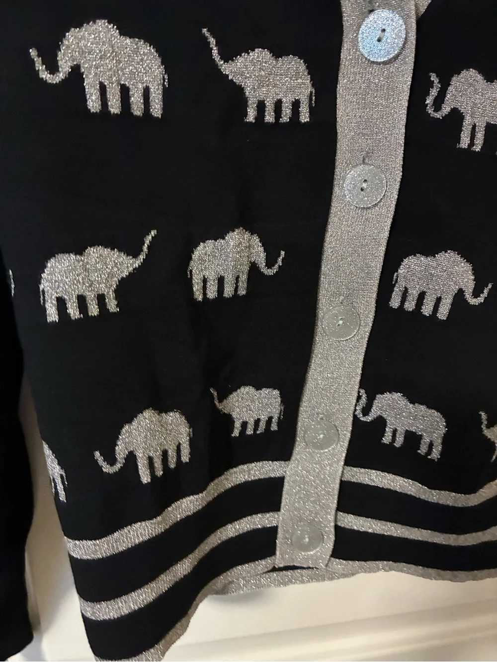 NWOT Kate spade Women's Black Cardigan Sweater w/  Silver Elephant Pattern x s